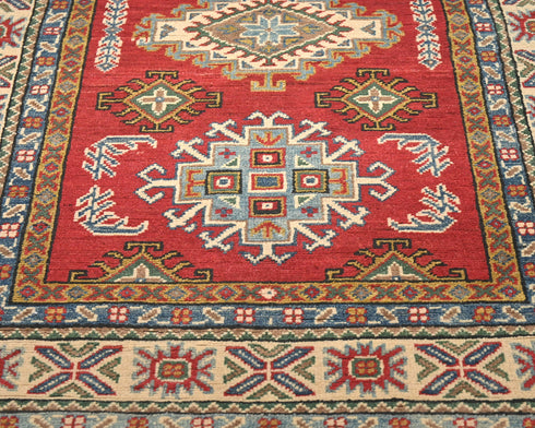 3x5 Red Kuba Afghan Hand Knotted Wool Area Rug